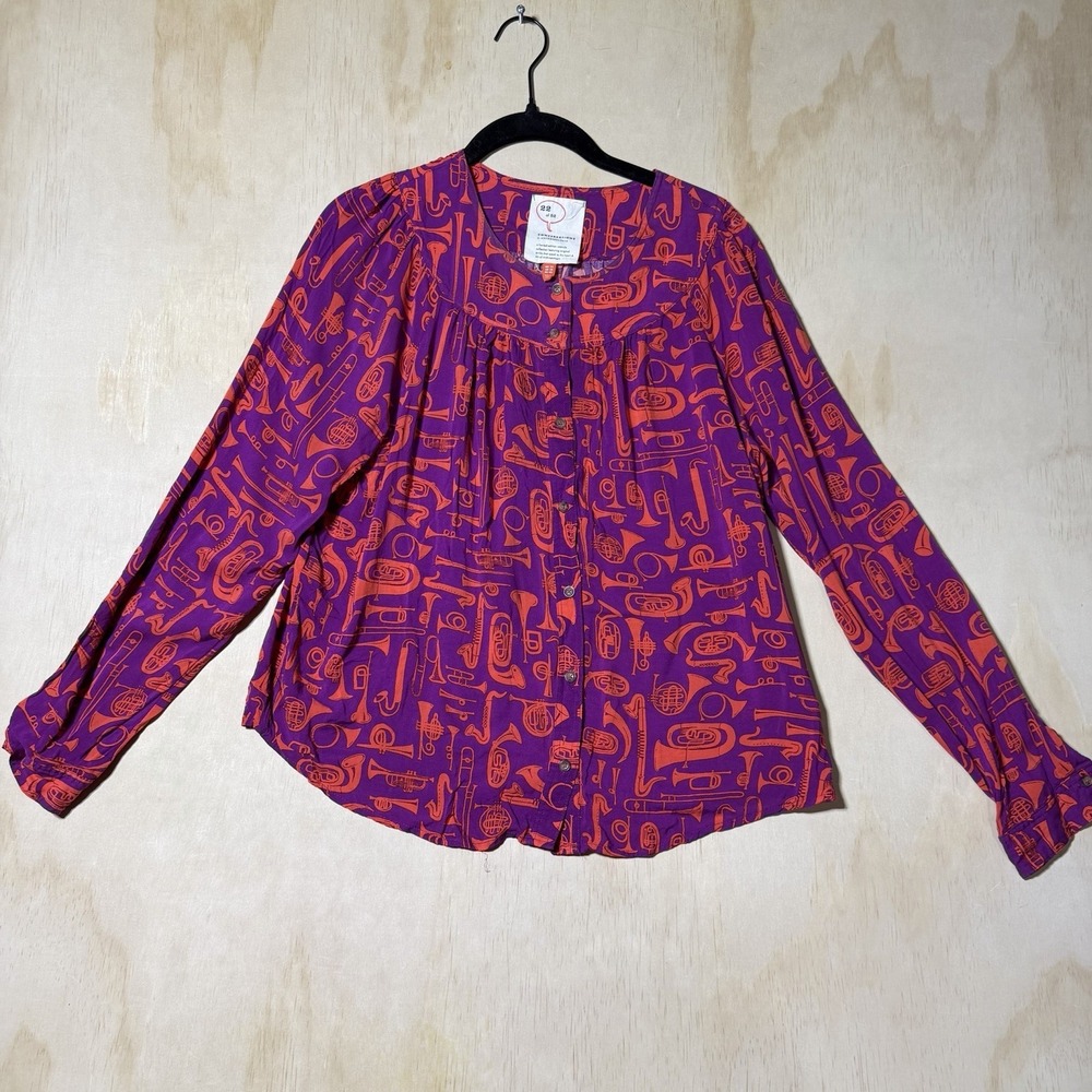 Anthropologie Conversations Blouse Womens‎ 22 5X Purple Music Print Button Top